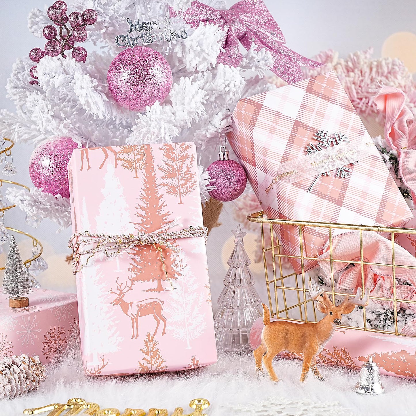 RUSPEPA Pink Christmas Wrapping Paper Set, Mini Roll, Gold Foil Winter Wonderland Design with Reindeer, Snowflake, Plaid Patterns Perfect for Holiday Gifts, 3 Rolls, 17 inches x 10 feet per Roll