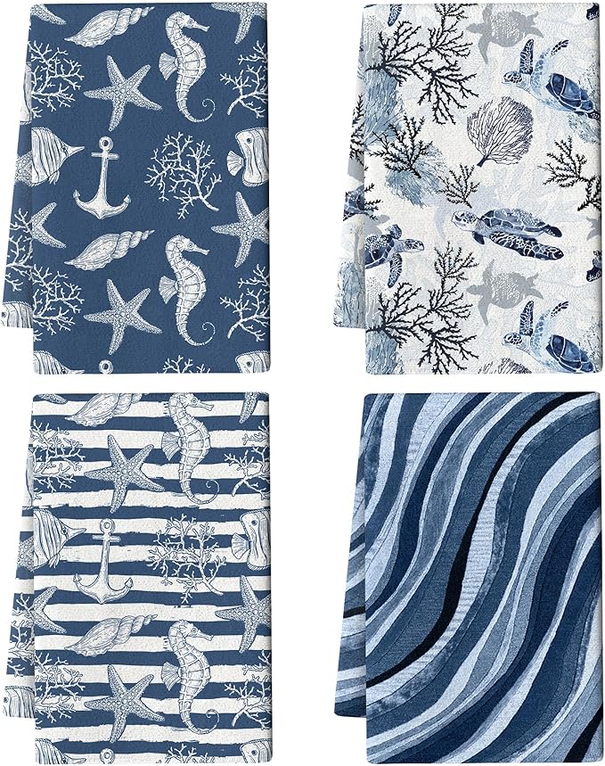Blue Nautical Seahorse Corals Sea Turtle Kitchen Dish Towels Decorative Set of 4