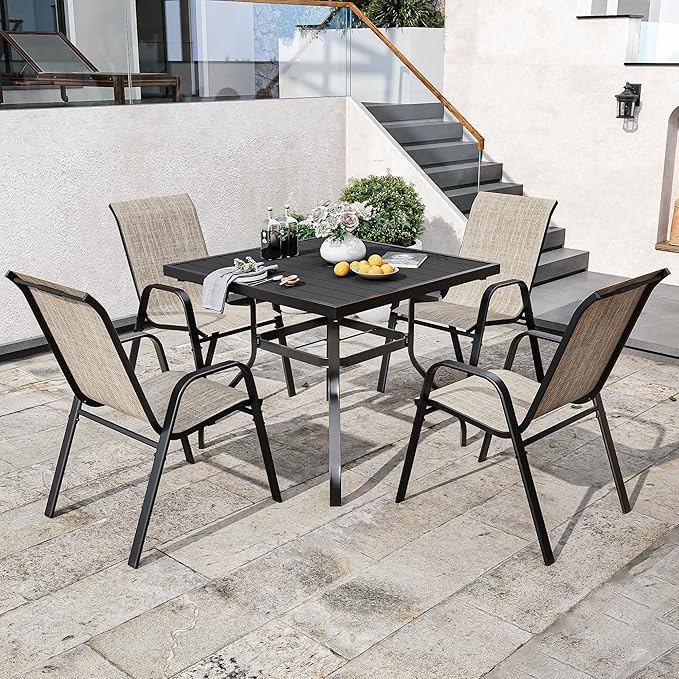 Patio Chairs Set of 4, Stackable Outdoor Dining Chairs for All Weather Textilene Fabric & Metal Frame, Outdoor Chairs Set for Backyard Deck Garden (Brown, Set of 4)