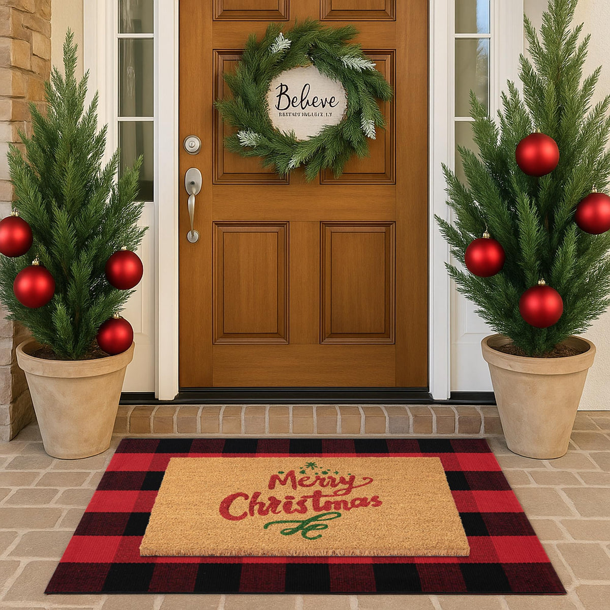 Christmas Door Mat Combo Set - 100% Coco Coir Welcome Mat + 28 x 43 Inch Red and Black Plaid Rug, New Year Holiday Christmas Collection Doormat for Front Porch Entryway Decor