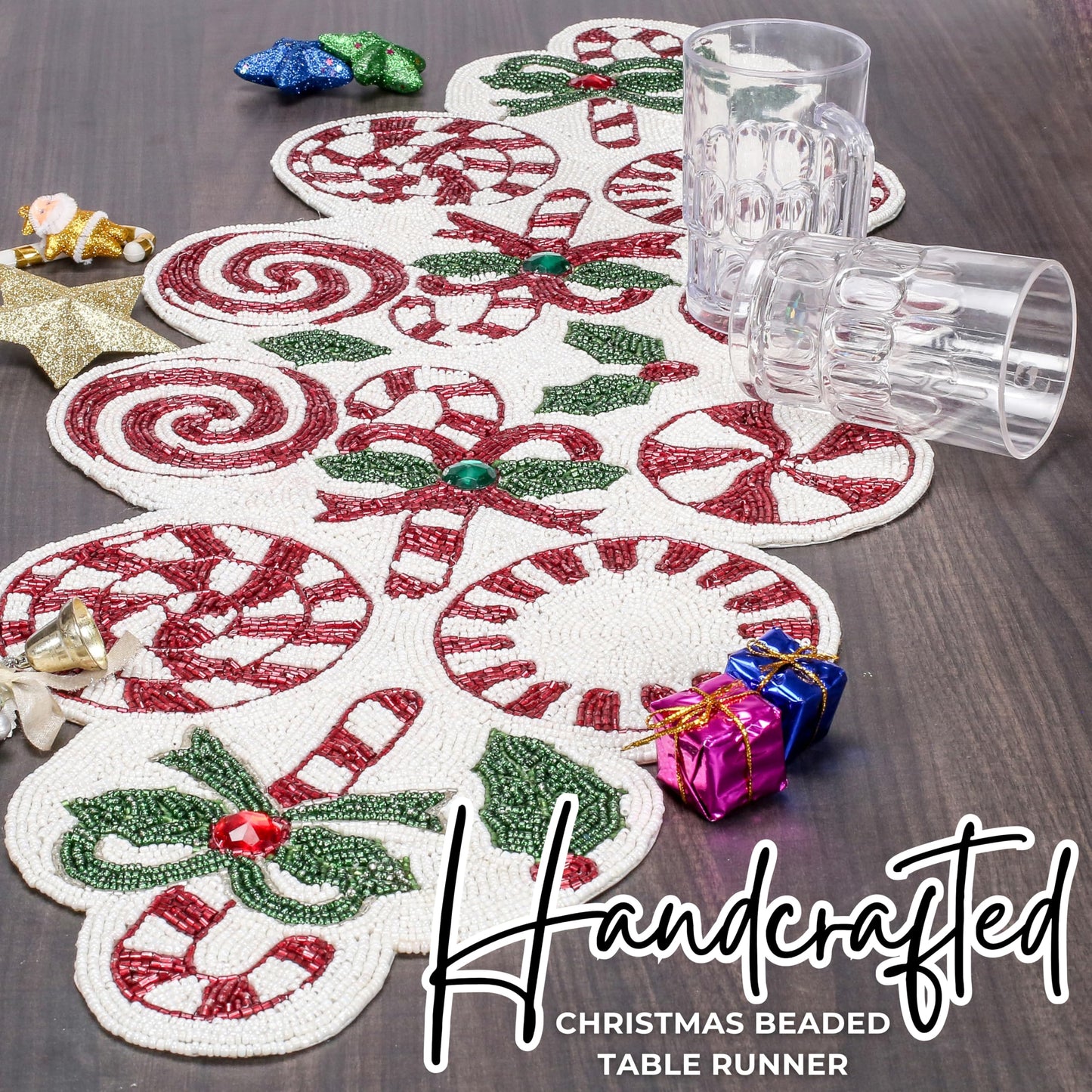 Luxury Beaded Runner 36 inch- Premium 13x36 Inch Candy Beaded & Polyester Christmas Beaded Runner - Decor for Home, Dining Tables, Weddings & Holiday Celebrations (White Red Green) - ALPHA Living HOME