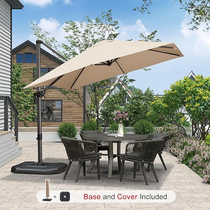 PURPLE LEAF 9'×9' Patio Umbrella with Base Outdoor Cantilever Umbrella with Cover Aluminum Square Offset Umbrella with 360-degree Rotation for Deck Pool Garden Beige