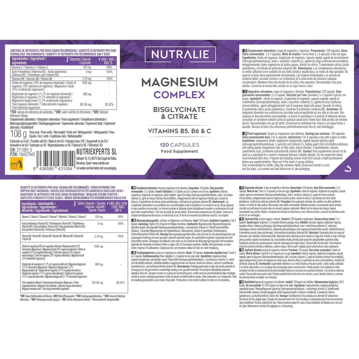 Magnesium Glycinate Complex - 2145mg Bisglycinate + Citrate Magnesium Supplements - Vitamins C B5 B6 - High Strength - 120 Capsules Nutralie