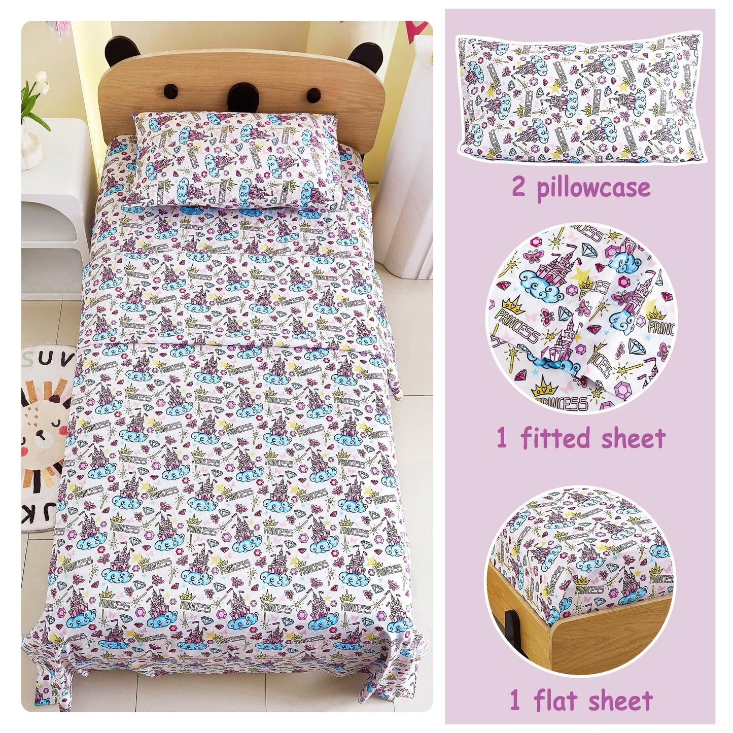 Softan Kids Bed Sheet Set, 4-Piece Full Size Sheets, Microfiber Fitted Sheet with 15 Inches Deep Pocket and Corner Straps, Breathable & Silky Soft Castle Diamond Printed Sheet and Pillowcase Sets