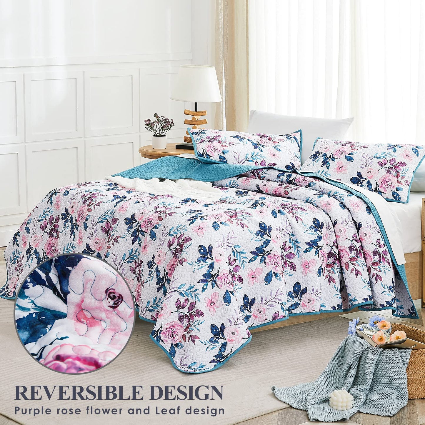 WRENSONGE Floral Quilt Queen Size - Reversible Botanical Flower Quilt Bedding Set Lightweight Bedspread Soft Coverlet for All Seasons (90"x94")