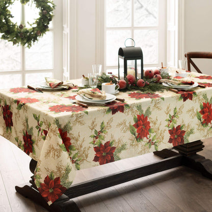 Elrene Home Fashions Festive Poinsettia Holiday Wrinkle Resistant Fabric Tablecloth, Multi, 60"x120" Rectangle