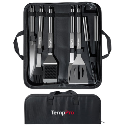 TempPro Grilling Accessories Grill Set with Spatula, Fork, Brush & Tongs, Heavy Duty Stainless Steel Grill Tools for Camping Burger, BBQ Accessories for Men Dad Him (Previously ThermoPro)