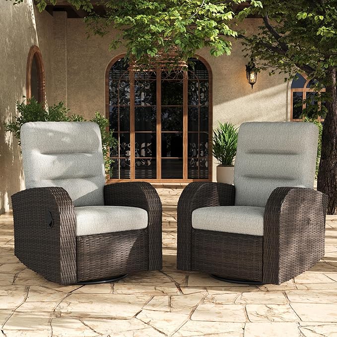 LayinSun Oversized Wicker Outdoor Swivel Glider Recliner with Adjustable Backrest & Footrest, Patio Reclining Lounge Chair - Set of 2