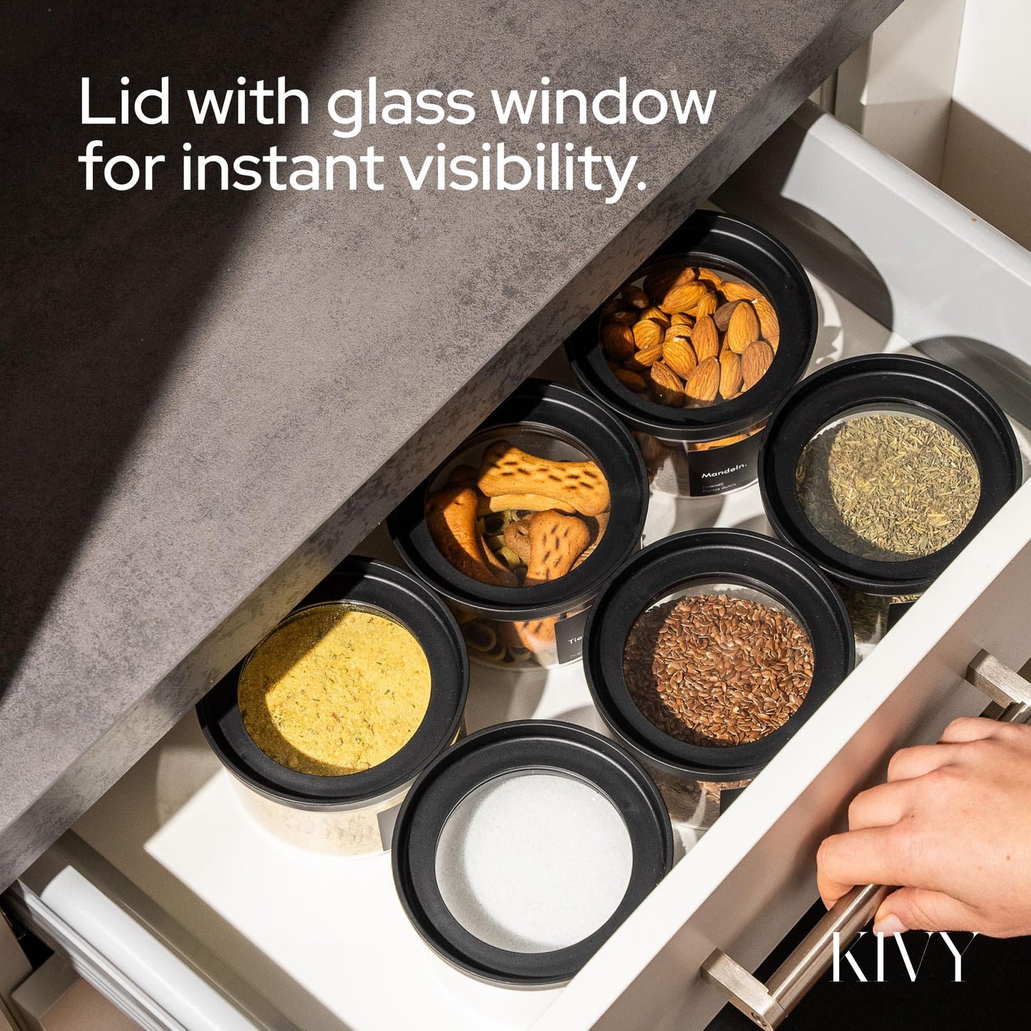 KIVY Airtight Glass Jars with Lids & Labels [4x 17oz] Stackable Glass storage jars with airtight lids - Black Glass Jars with airtight lid - Food Glass canisters with transparent lids