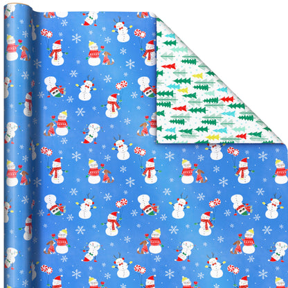 Hallmark Reversible Christmas Wrapping Paper for Kids (3 Rolls: 120 Sq. Ft. Total) Snowmen, Stripes, Trees, Skiing Santa, Zebras, Hedgehogs, Penguins