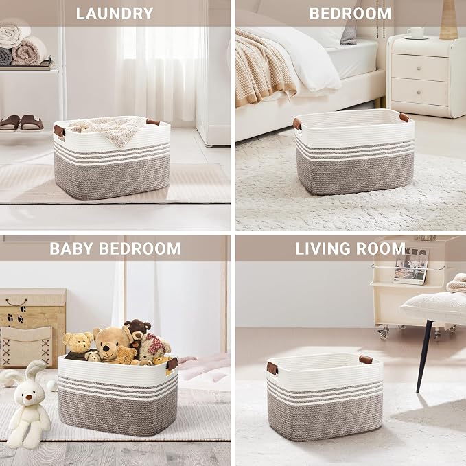 45L Small Laundry Basket with Leather Handles for Living Room Storage, Woven Rope Baskets Bin for Blanket, Kids Toy, Gifts, Wicker Hamper for Bedroom Dirty Clothes, 18"x14"x11" Dark Brown