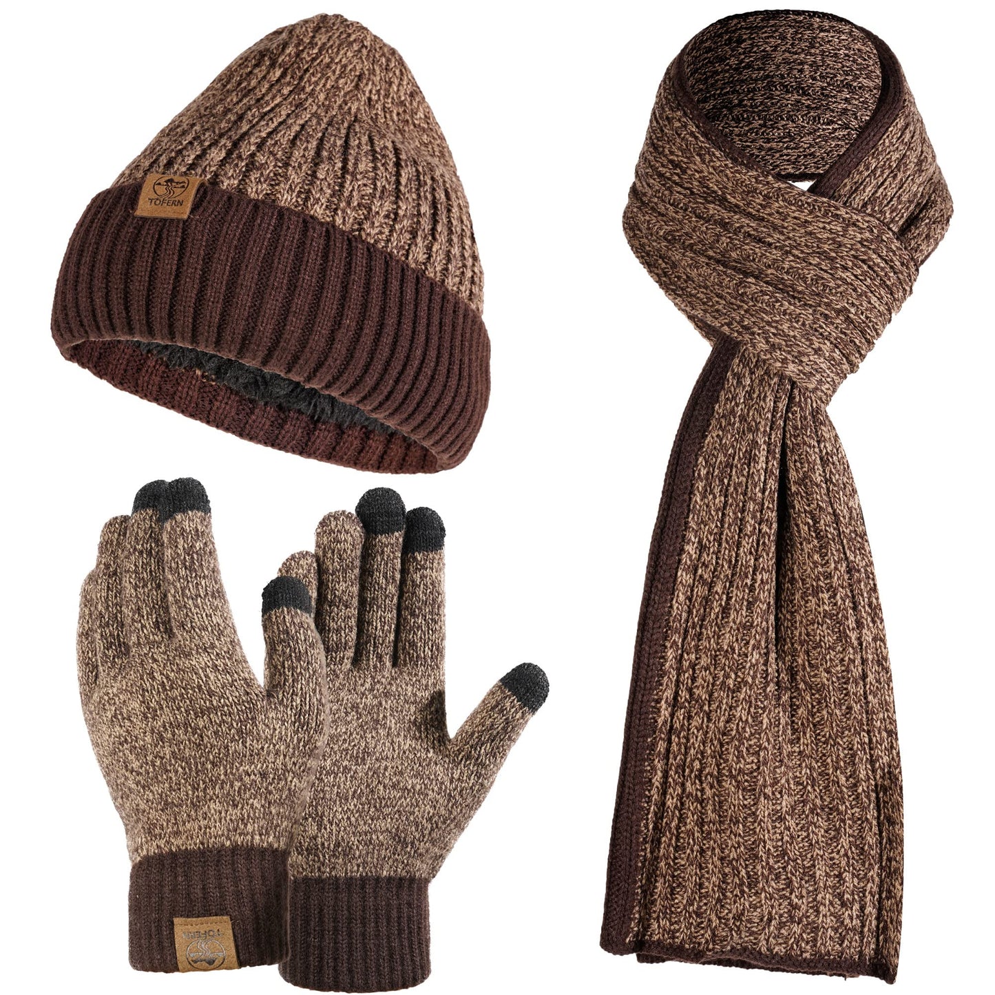 Winter Beanie Hats Scarf Gloves Set for Men and Women, 3 PCS Fleece Lined Knit Skull Cap, Touch Screen Mittens with Long Warm Scarf for Cold Weather Christmas Gifts