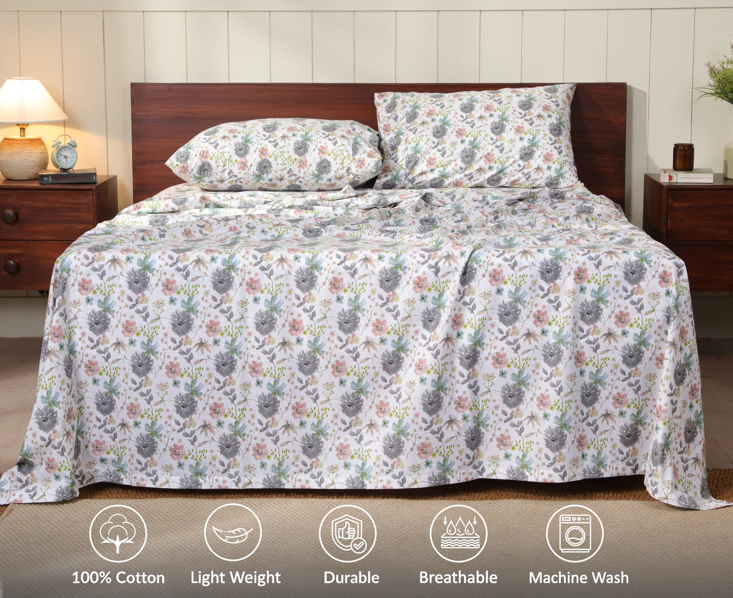 RUVANTI 100% Cotton Percale Sheets Queen Size – Crisp Cooling Bed Sheets for Hot Sleepers, Deep Pocket 16”, Soft Breathable & Durable Hotel-Style 4 Piece Set, Dandelion Field