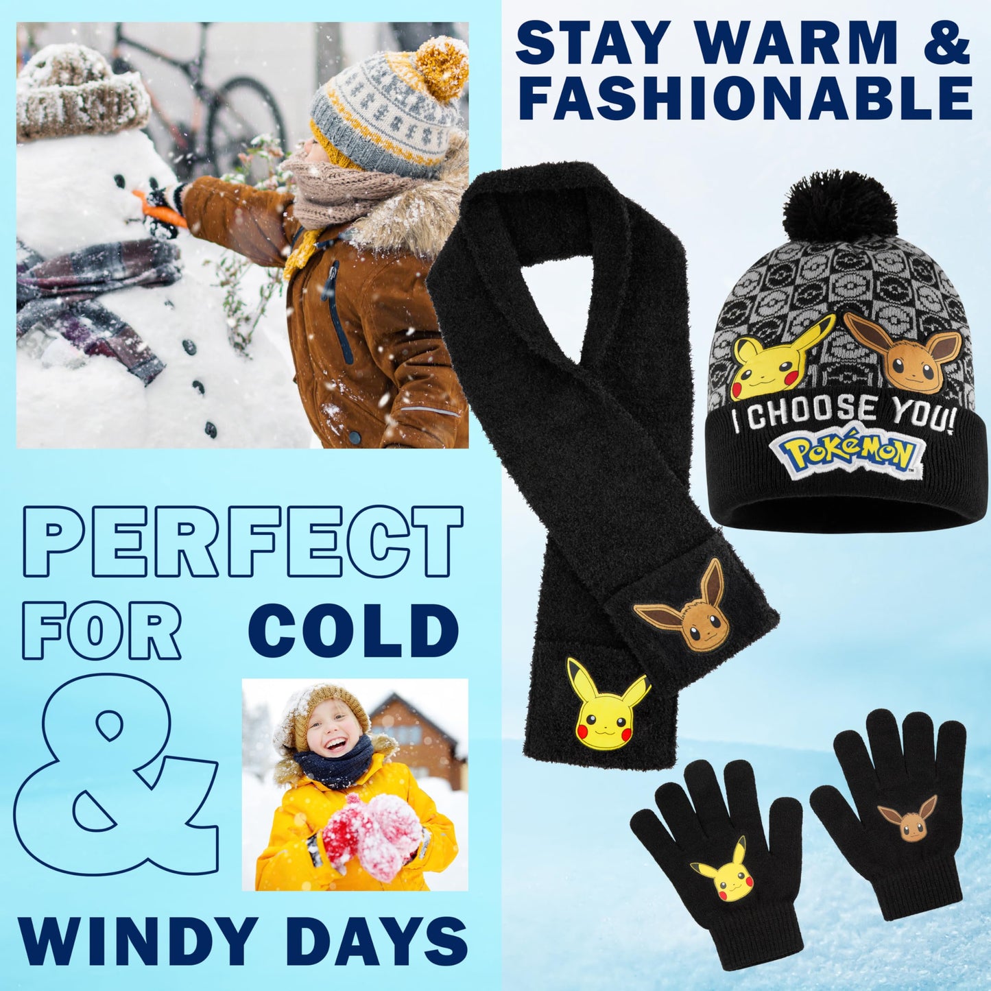 Pokemon Boys 3 Pcs Beanie, Gloves, and Scarf Set, Ages 5–12, Winter Accessories, Pikachu, Eevee, Cozy Gifts for Boys (6-14 Years, Black, 3 Pcs)