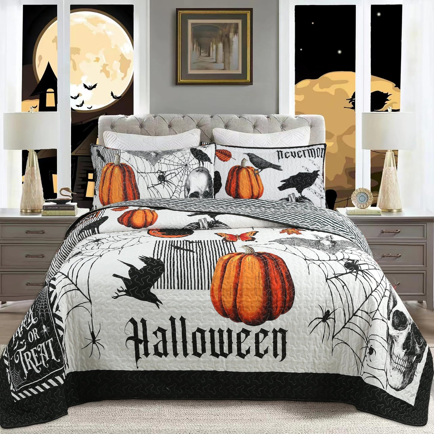 MarCielo 3 Pcs Halloween Themed Quilt Bedspread Set - Cozy and Spooky Pumpkin and Ghost Pattern (Halloween, Queen)