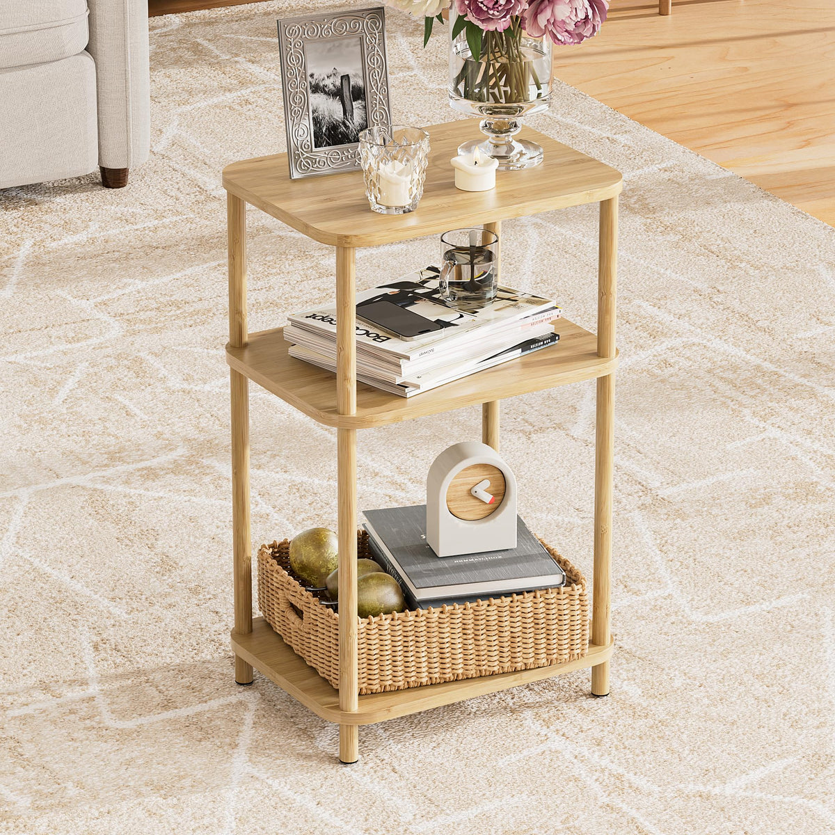 SANLUCE Bamboo End Table, Side Table for Small Space with Storage Shelf, Small Table Stand, Narrow Wooden Bedside Table Nightstand, Toolless Assembly, for Nursery, Living Room, Bedroom, Natural