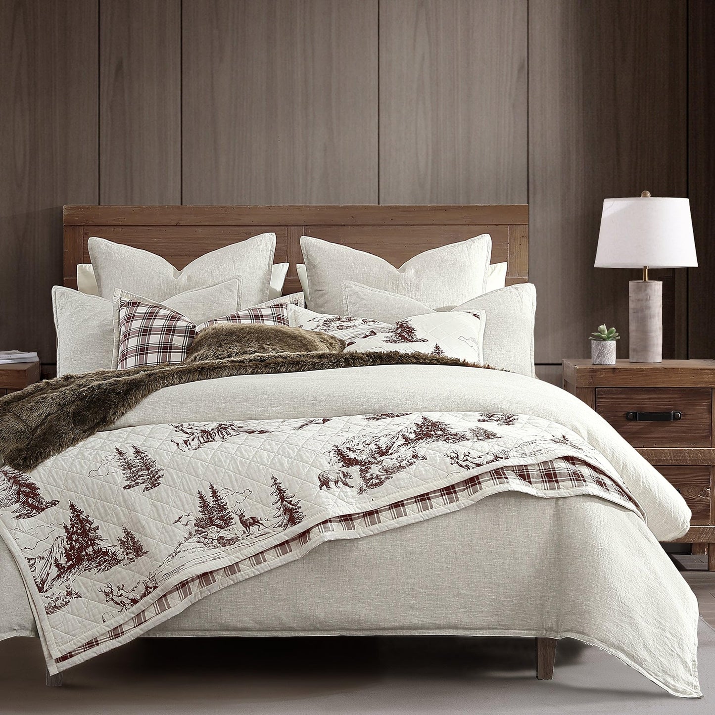 Paseo Road White Pine Rustic Bedding 3 Piece Full Queen Quilt Set, Cotton White Brown Bear Deer Pine Tree Woodland Print Cabin Bedding, Reversible Lodge Quilt Set with Pillow Shams