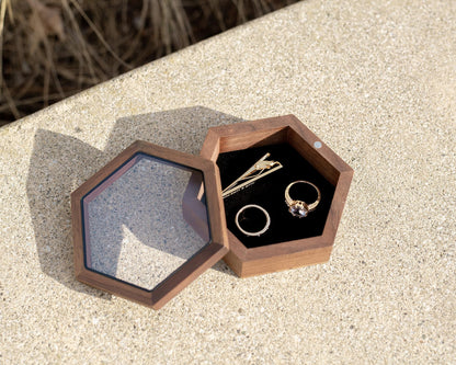 MUUJEE Wooden Hexagon Jewelry Box w/Magnetic Lid - 4.30 x 3.75 x 1.4 Rustic Classy for Jewelry Box Storage, Wedding Rings, Ceremony Ring Bearer