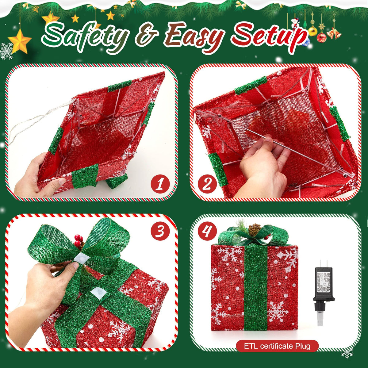 Set of 4 Christmas Lighted Gift Boxes with Plug, Pre-lit LED Light Up Present Boxes for Xmas Tree Porch Decor, Christmas Decorations Indoor Outdoor