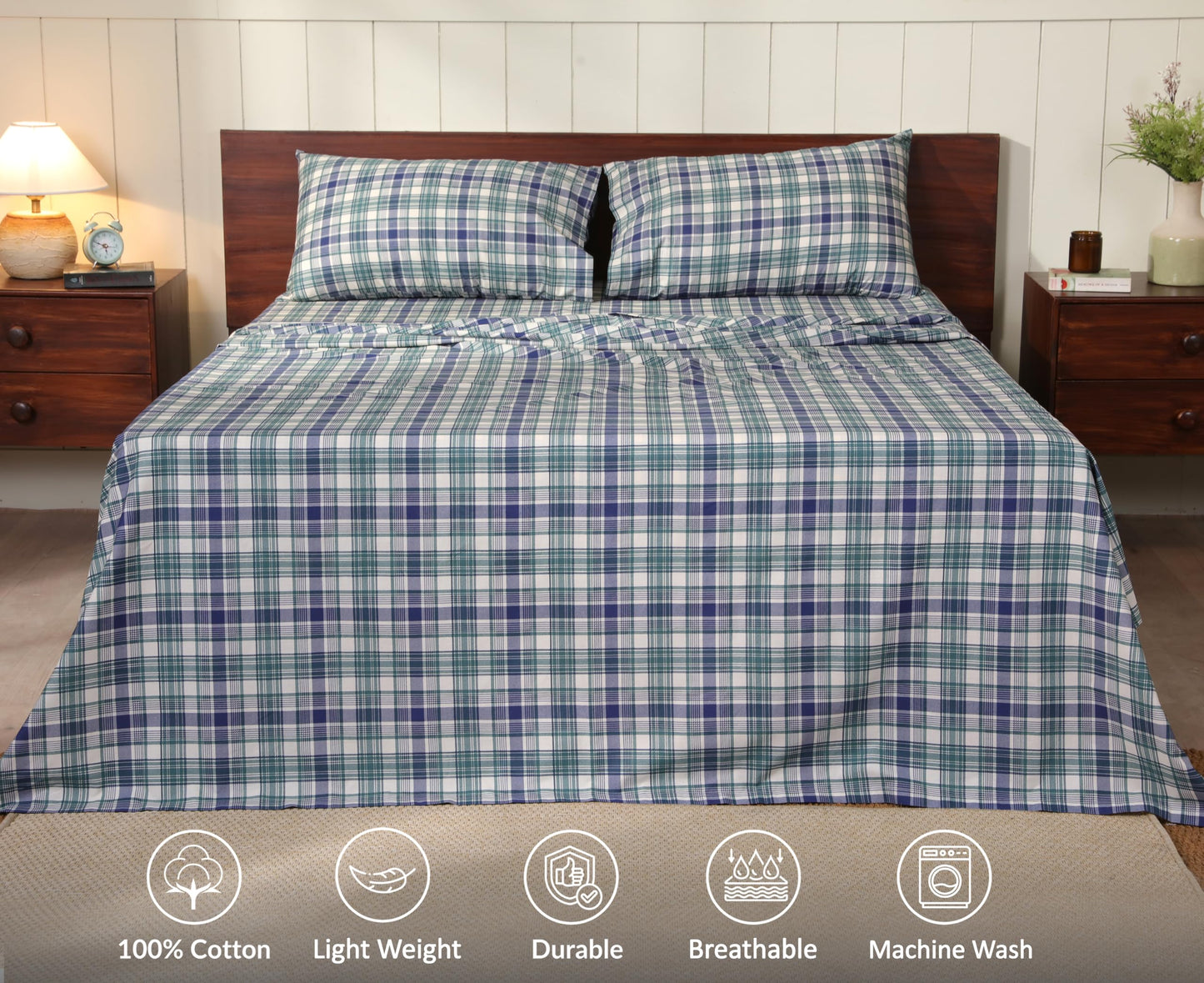 RUVANTI 100% Cotton Percale Sheets Queen Size, Greenish Blue Plaid