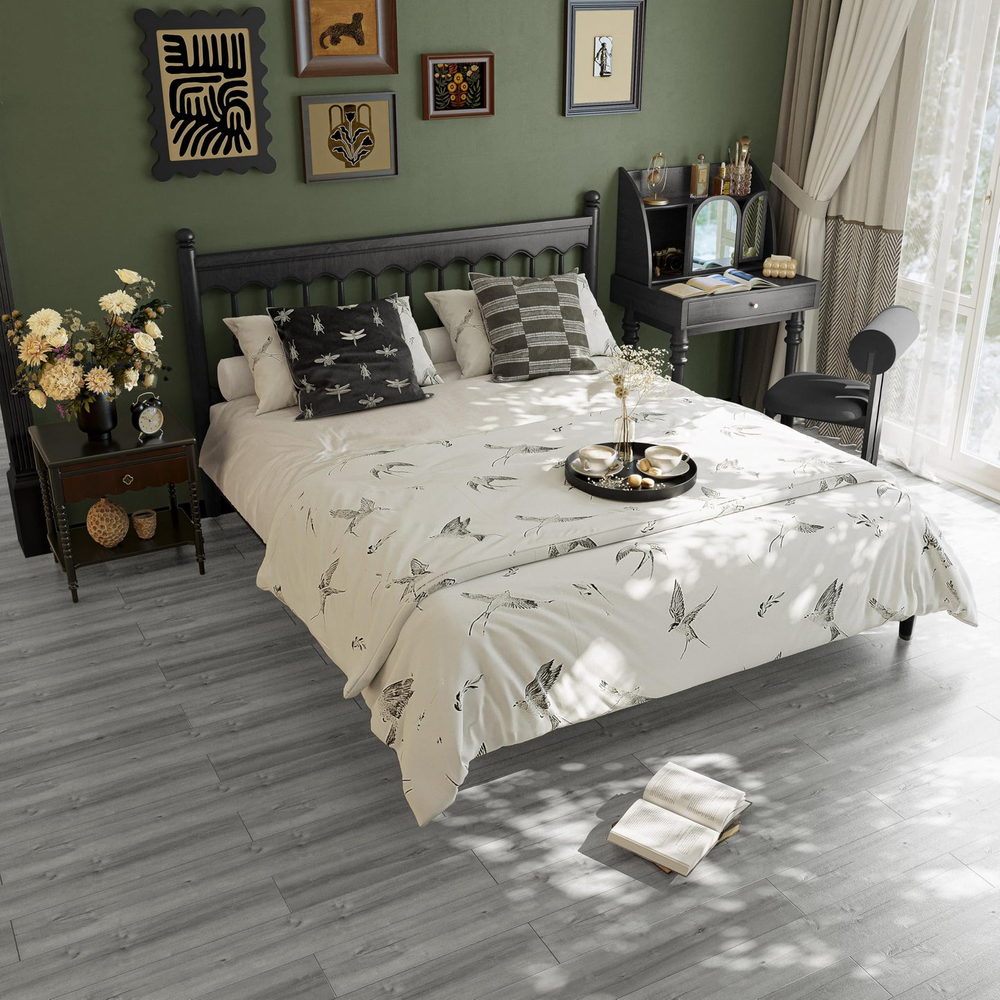 NUFLR Floor Tiles Self Adhesive Vinyl Flooring Grey Wood Effect Peel and Stick Floor Tile Vinyl Flooring Roll for Kitchen Living Room and Bathroom Planks 15X90cm 10pcs (1.35m²)