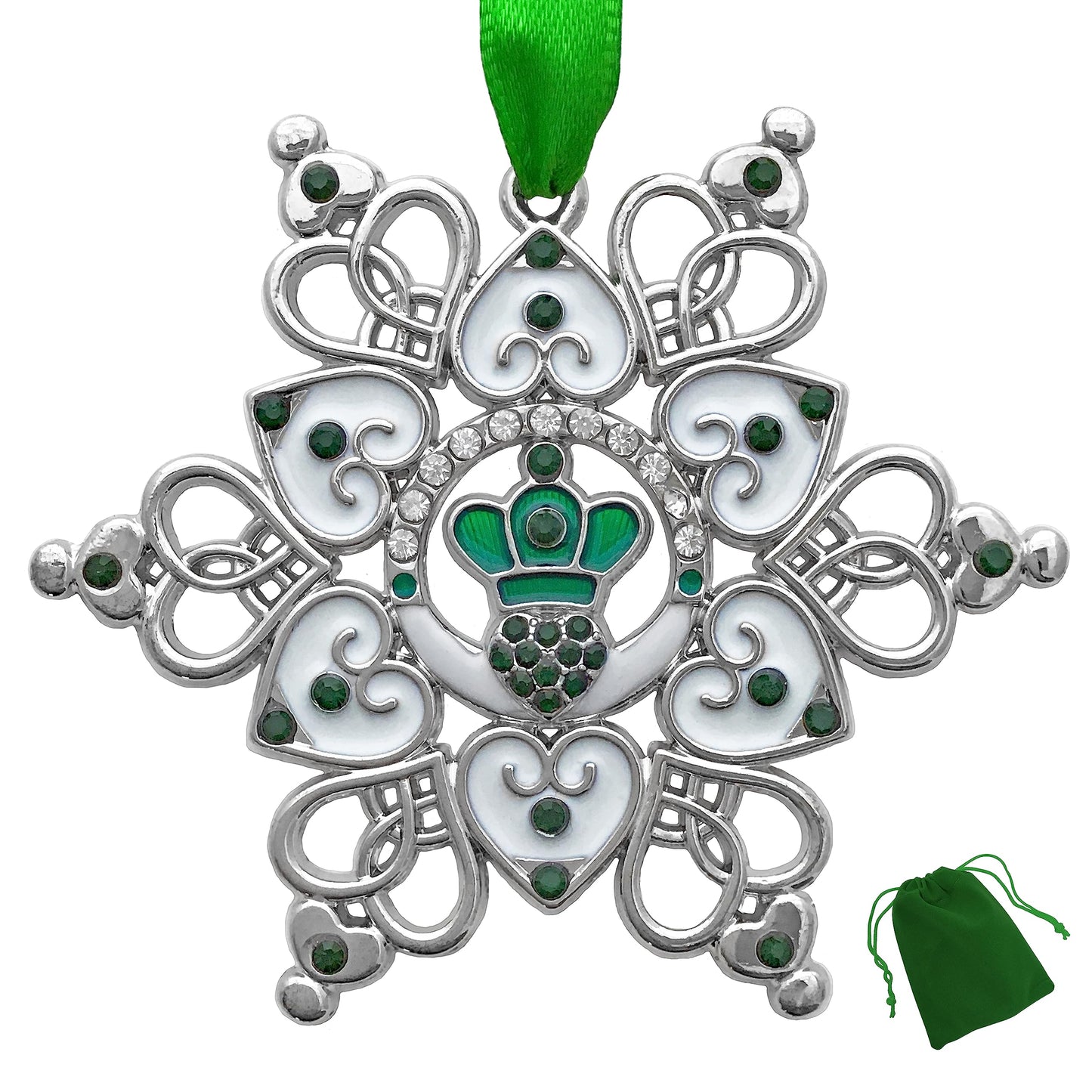 Irish Christmas Ornament Claddagh Snowflake, Filigree Metal Celtic Holiday Decoration with Green Jewels, 3 x 3 Inch Gift Ornament with Storage Bag, Irish Blessing for Family, Friends, Mom, Grandma
