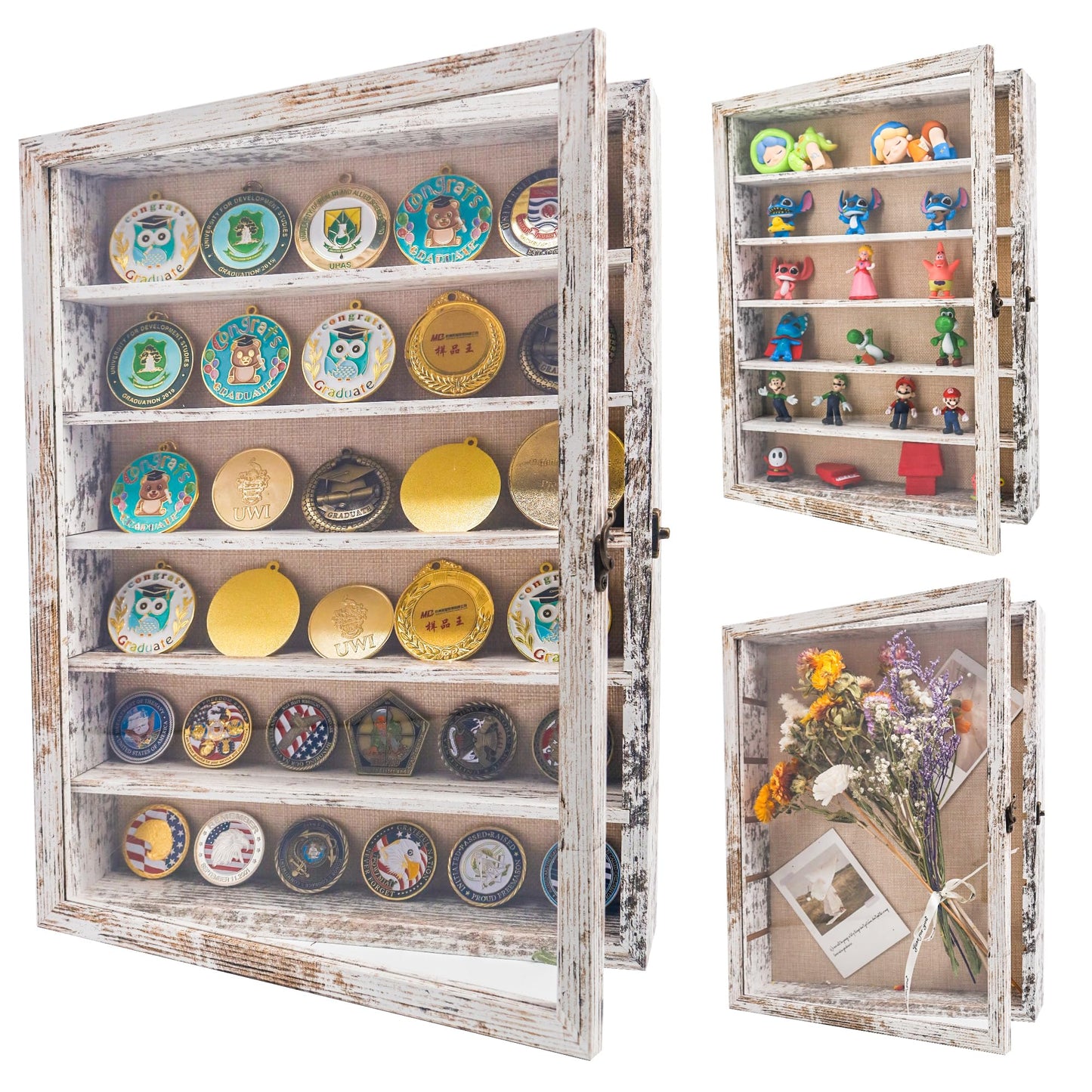GMFrames 12x16 Wooden Shadow Box Frame with Removable Shelves Deep Display Case for Military Medals Keepsakes White