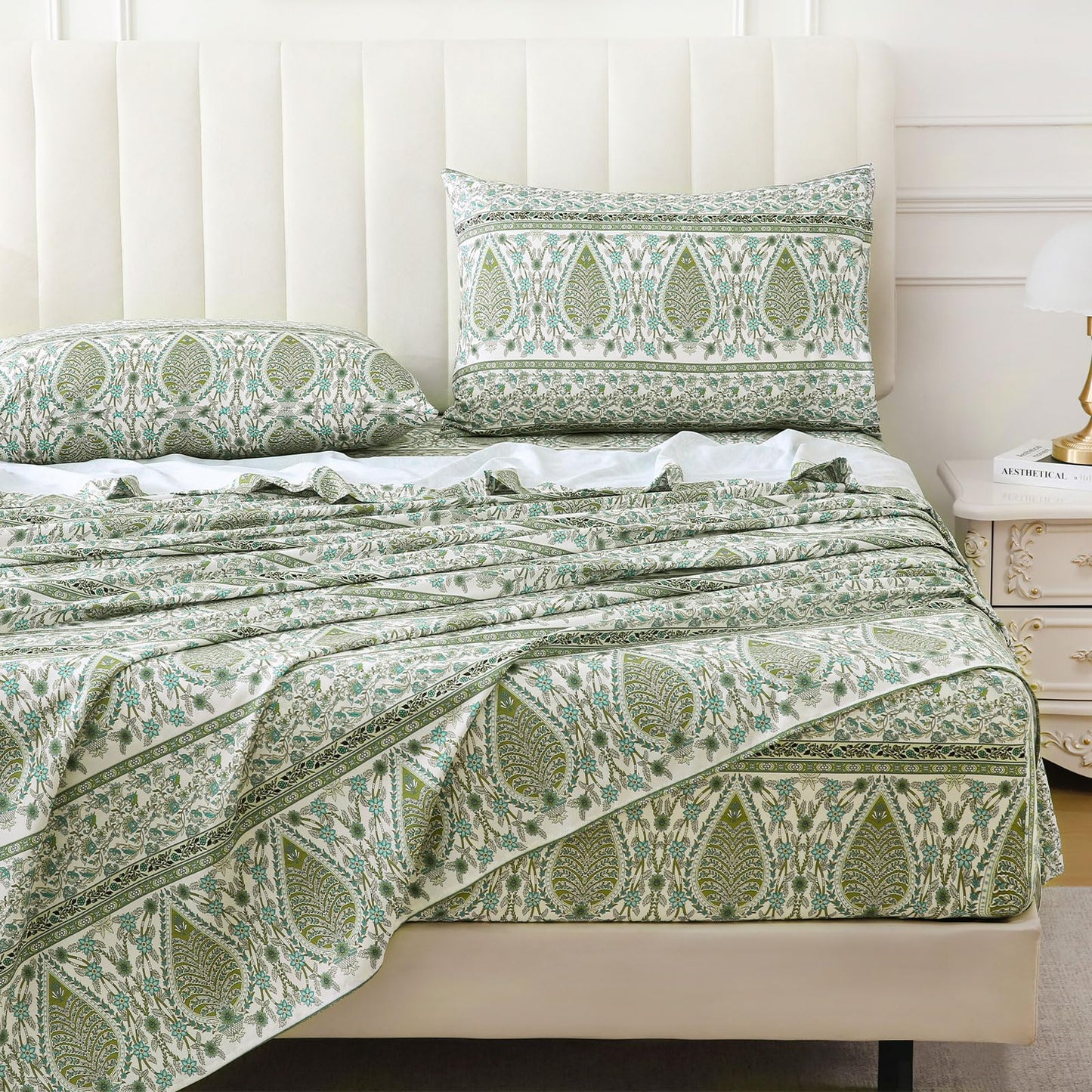 ChicView King Size Paisley Printed Sheet Set,4 Pieces Boho Style Breathable Soft Microfiber Bedsheets, Anti Pilling Deep Pockets Easy Care Bed Sheets, Green