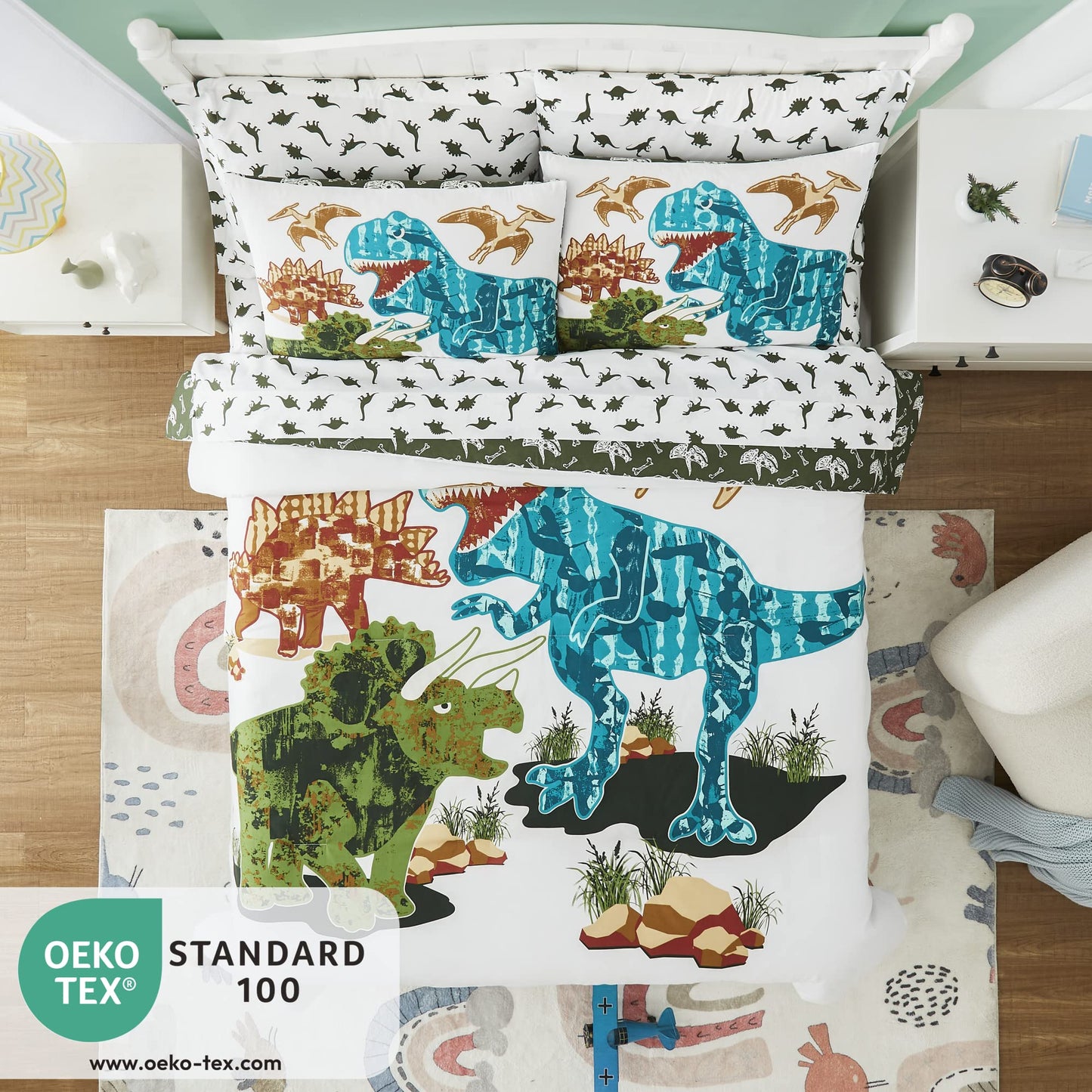 Kaleido Space Twin Kids Comforter Set - 5 Pieces Twin Bedding Sets for Boys Teen, Glow in The Dark Dinosaurs Bed in A Bag with Sheets