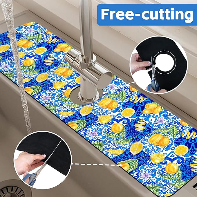 Blue Tiles and Yellow Lemon Sink Faucet Absorbing Mat Sink Splash Guard Faucet