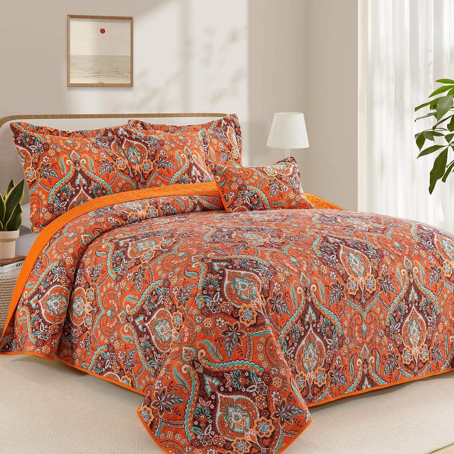 TWINRUN Cotton California King Quilt Set (108 x 118 Inch), 3 Pieces Floral Style California King Quilt, Lightweight Cotton Oversized King Bedspreads, Bedding Coverlet for All Seasons