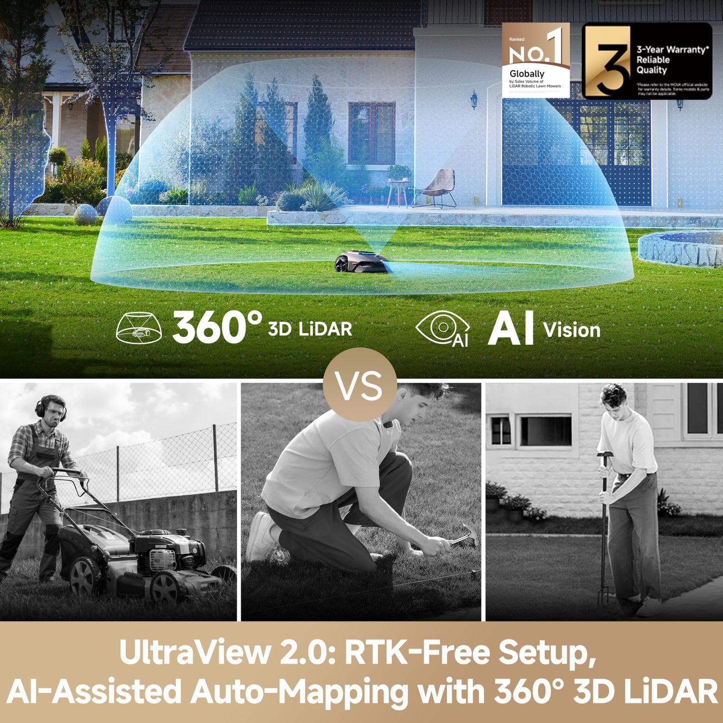 MOVA LiDAX Ultra 1000 Robot Lawn Mower Wire Free with Garage for 1/4 Acre, RTK-Free+360° 3D LiDAR+AI Vision Mapping, Zero-Edge Cutting, Cutting Height 1.2"-3.9", 45% Slope, 150 Managed Zones Dual Maps