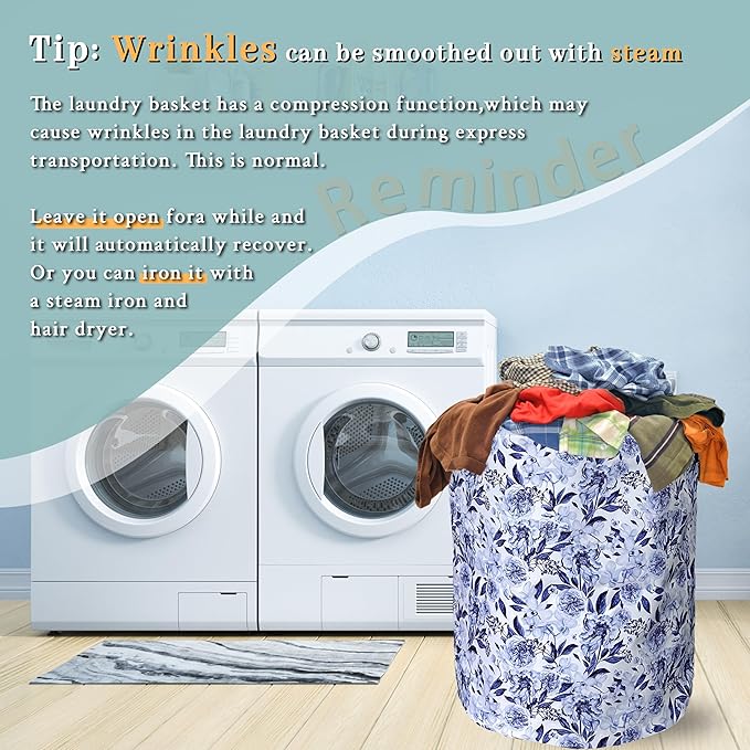 Blue Flower Floral Laundry Basket Foldable