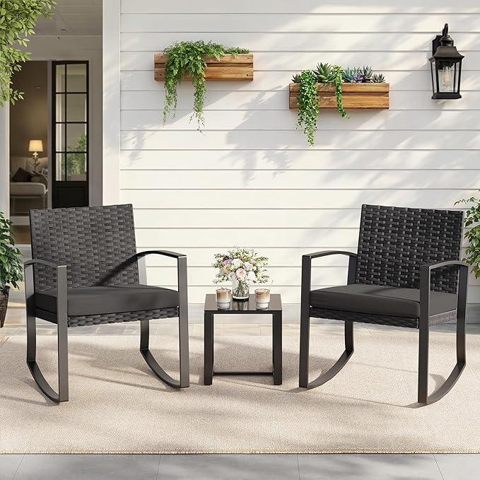 3 Pieces Patio Furniture Set Rocking Bistro Set, Outdoor Patio Furniture Set with Coffee Table for Garden Balcony Backyard Poolside (Black Cushion)