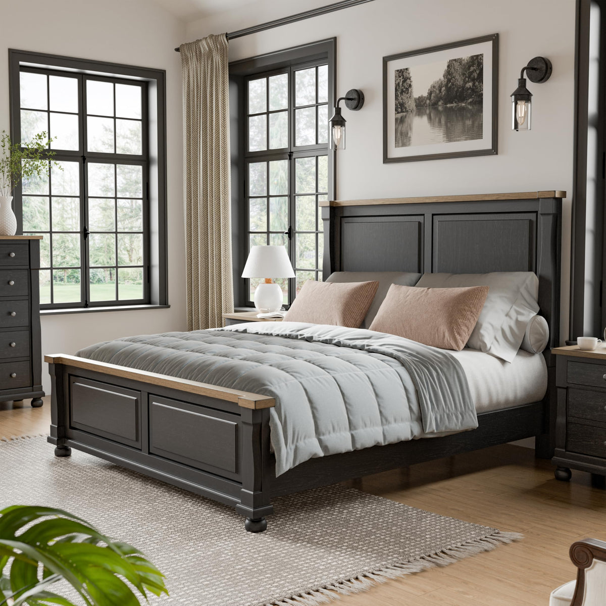 Furniture of America Narella Modern Farmhouse Solid Wood Bed Frame with Panel Headboard, Wooden Bedframe for Bedroom, Guest Room, Box Spring Required, Black/Rustic Oak, Queen