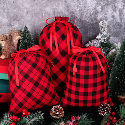 Aneco 6 Pack Buffalo Plaid Drawstring Christmas Gift Bags Christmas Sack for Gifts Cotton Cloth Red and Black Plaid Xmas Fabric Bags Assorted Sizes for Party Favor