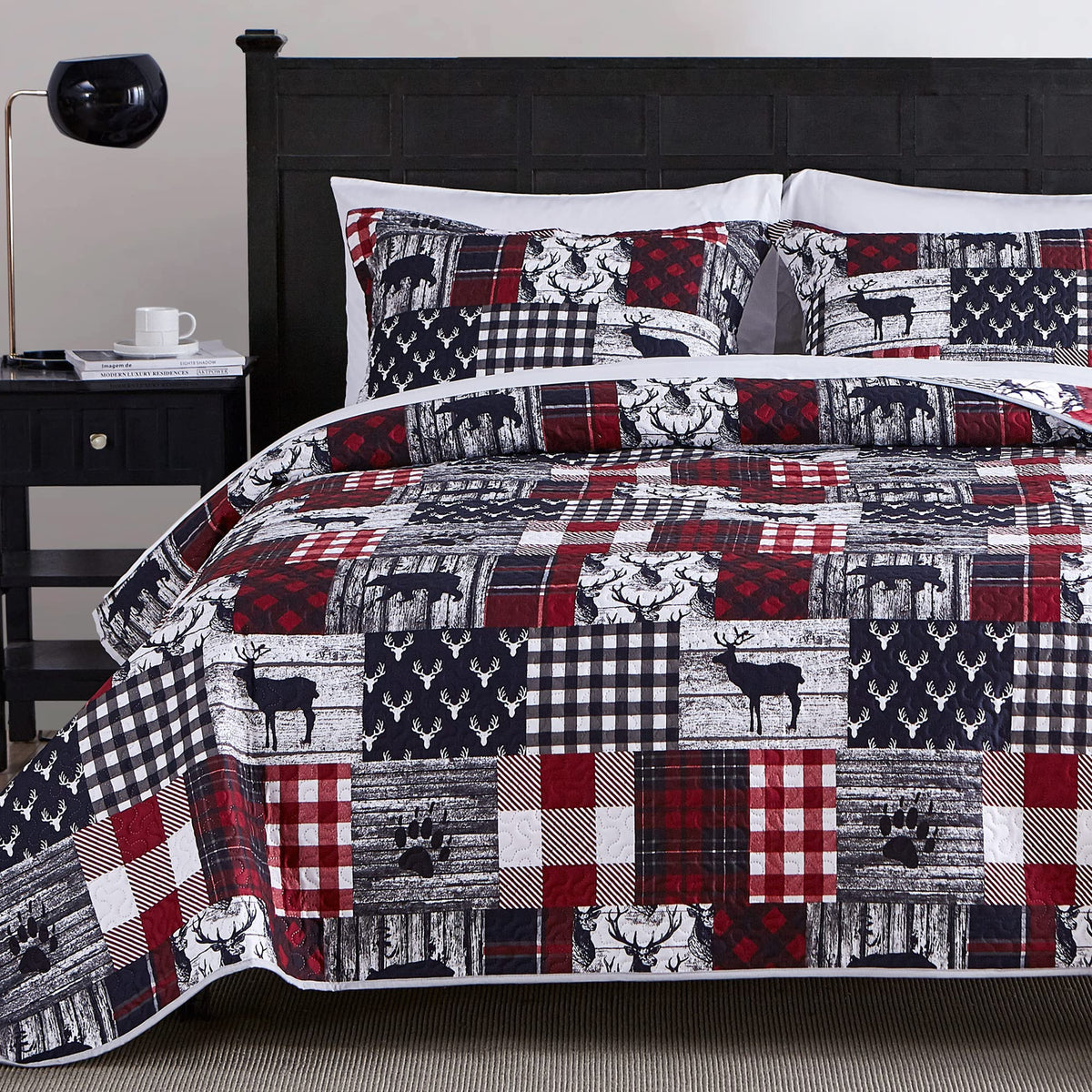 UMCHORD Cabin Quilt Set Queen, Christmas Rustic Quilt Coverlet Bed Set, 3-Piece Lightweight Reversible All Season Quilt Set, Lodge Bedspread Quilt with 2 Shams