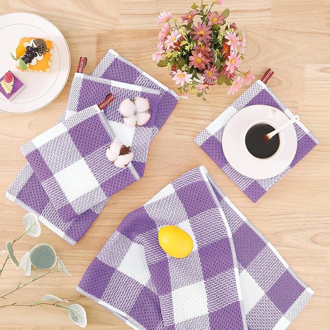 Homaxy 100% Cotton Waffle Weave Check Plaid Dish Cloths, 12 x 12 Inches