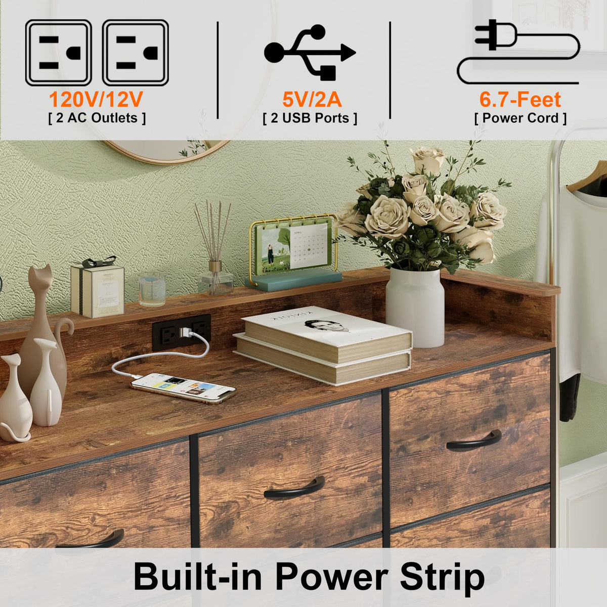 Welfuturer Dresser for Bedroom with 12 Drawers Clothes Dresser with Charging Station and LED Light Fabric Storage Tower for Living Room Hallway Closet Sturdy Steel Frame Wooden Top Rustic Brown