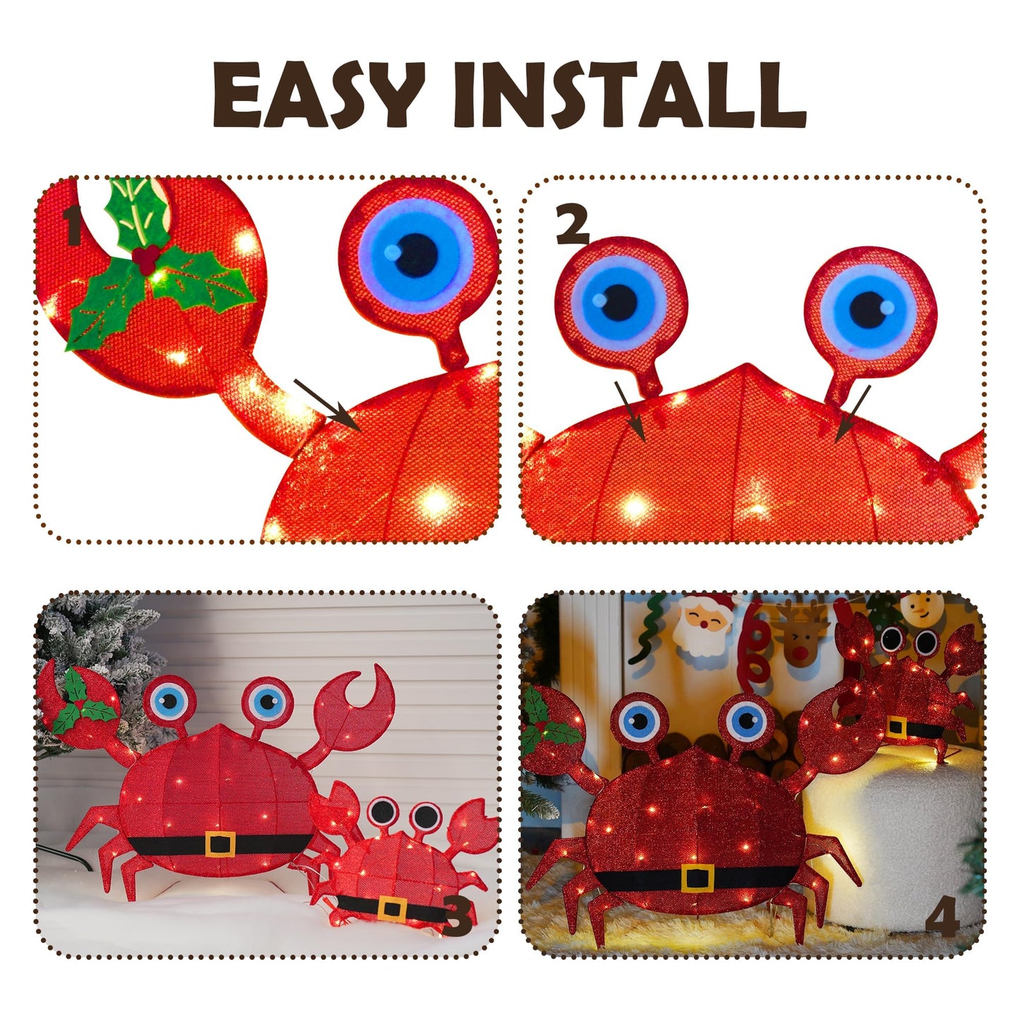 Dazzle Bright Christmas Outdoor Decorations Yard, 2 Piece Battery Operated Lighted Crab 50 LED Lights with 8 Lighting Modes, Light Up 2D Crab for Xmas Holiday Front Garden Patio Lawn Decor