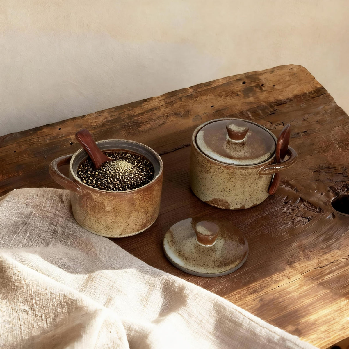 seicasaya Handcrafted Speckled Ceramic Salt Cellar with Wooden Spoon, Rustic Vintage Spice Jar, Dishwasher Safe, 8.45 fl oz (Peckled Ceramic set of 2)