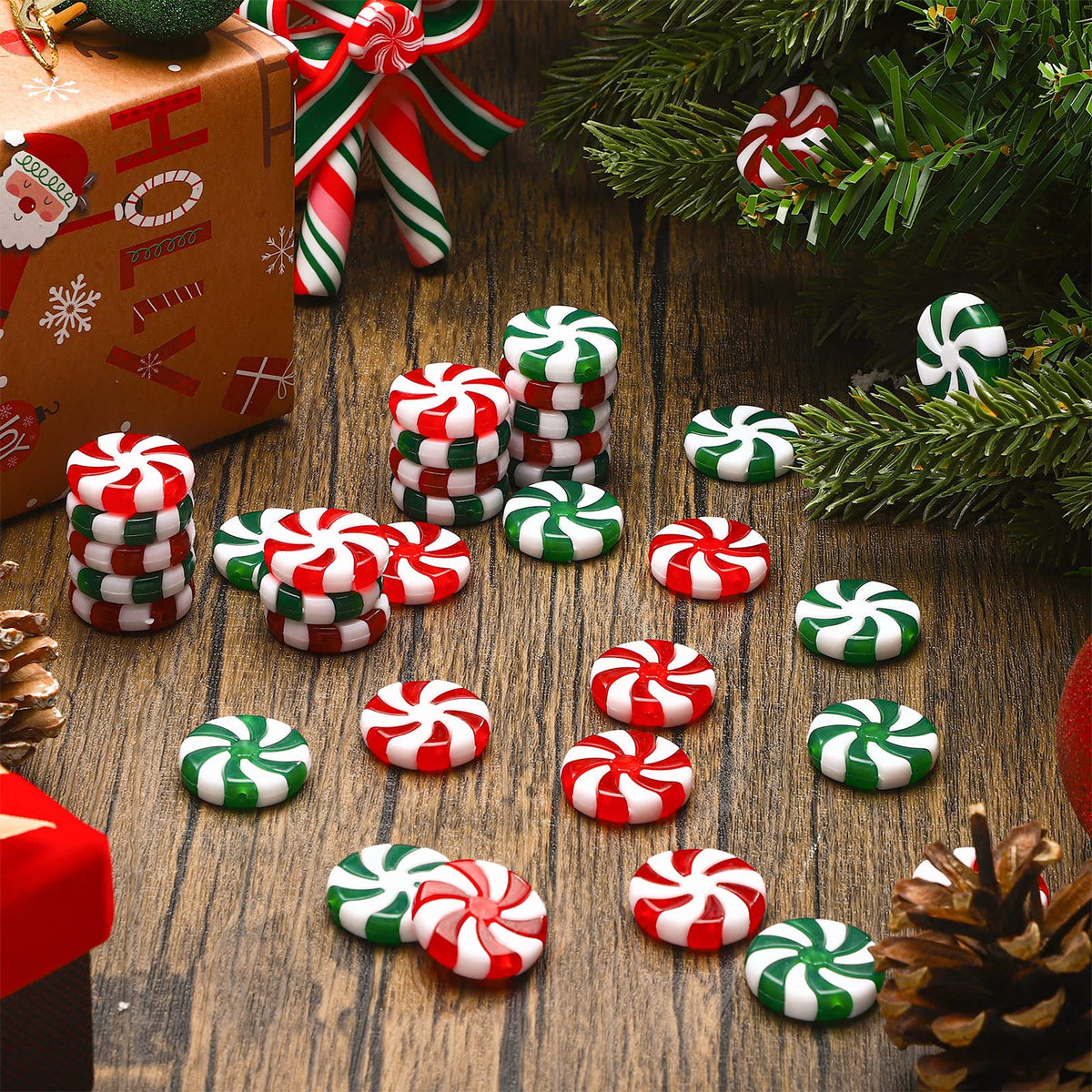 200 Pcs 25 mm Fake Christmas Candy Cane Peppermint Ornaments for Christmas Tree Decorations Xmas Candy Decor Ornaments Craft for DIY Crafts (Red White,Green White)