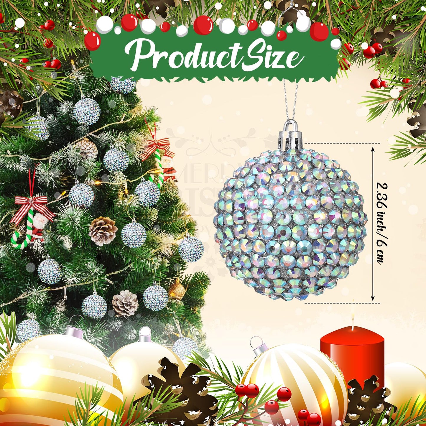 Sosation 12 Pcs Rhinestone Christmas Ornaments Ball 2.36 Inch Sparkly Glitter Christmas Tree Decoration Silver Glitter Xmas Hanging Balls for Xmas Gifts Home Decoration Wedding Party