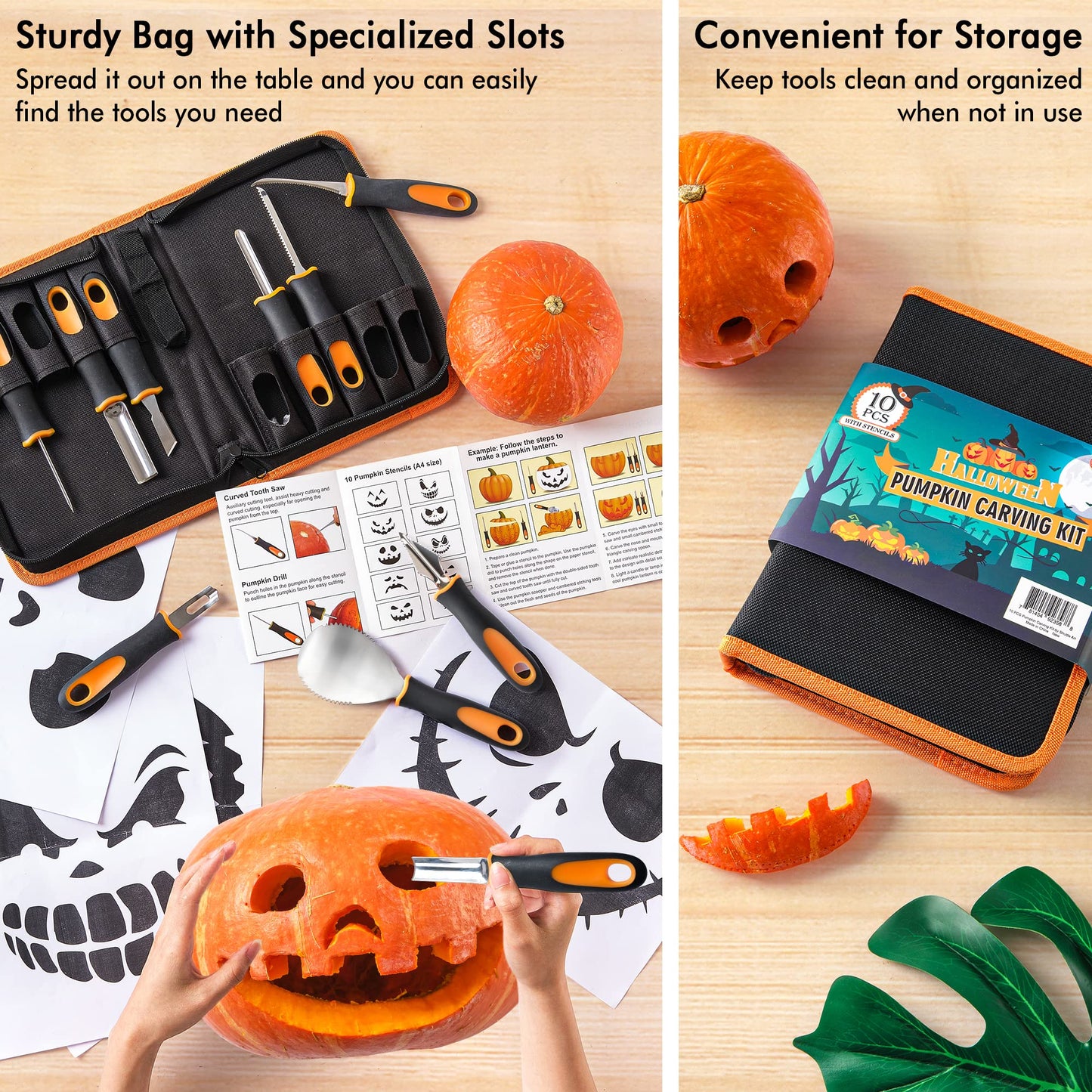 Shuttle Art 20 PCS Halloween Pumpkin Carving Kit, 10 PCS Professional Heavy Duty Stainless Steel Pumpkin Carving Tools with 10 Pumpkin Stencils and Carrying Case, Safe and Durable for Kids Adults