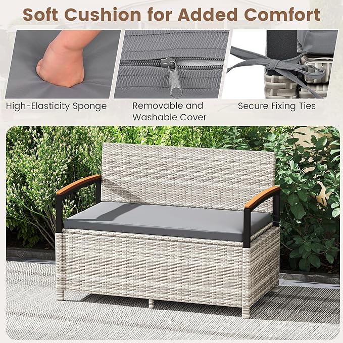 RELAX4LIFE Wicker Outdoor Storage Bench, Rattan Deck Box w/Protective Liner for Patio Furniture Pillows & Garden Tools, Porch Loveseat with Seat Cushion, Acacia Wood Armrests (Grey)