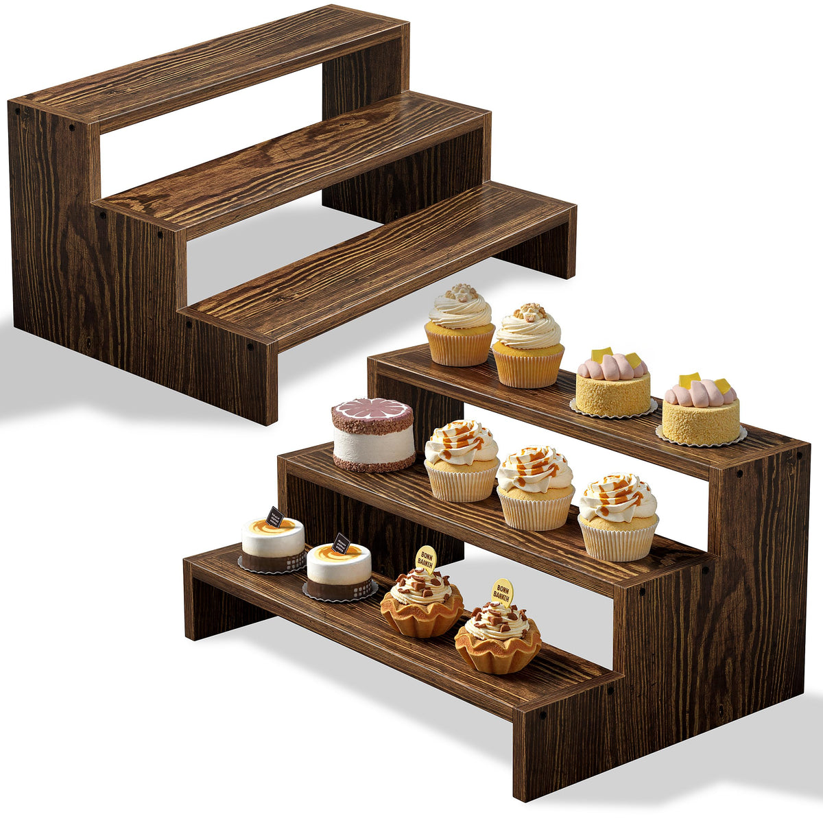 Evermagin 2PCS Wooden Display Risers Set for Birthday Parties, 3 Tier Cupcake Stands for Dessert Table, Rustic Dessert Table Display, Buffet Risers Display Stands for Vendor Events