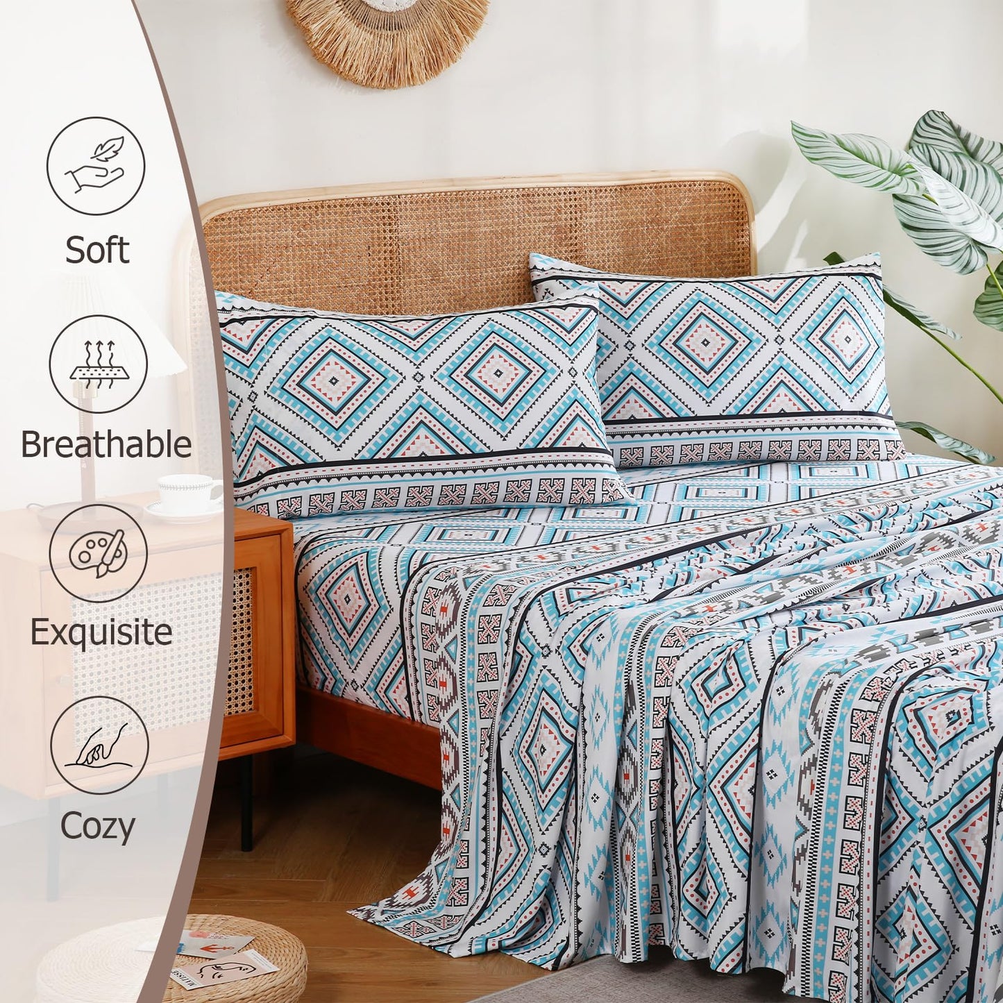 CozySmile 4 Pieces Queen Sheet Set Bohemian, Boho Sheets Soft Microfiber Deep Pocket, Western Sheets Geometric(Queen, Turquoise Geometric)