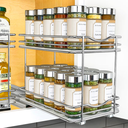 LYNK PROFESSIONAL® Pull Out Spice Rack Organizer for Inside Kitchen Cabinets - 4-1/4 inch Wide - Slide Out Drawer – Chrome Sliding Spice Cabinet Organization Shelf Racks - 2 Tier