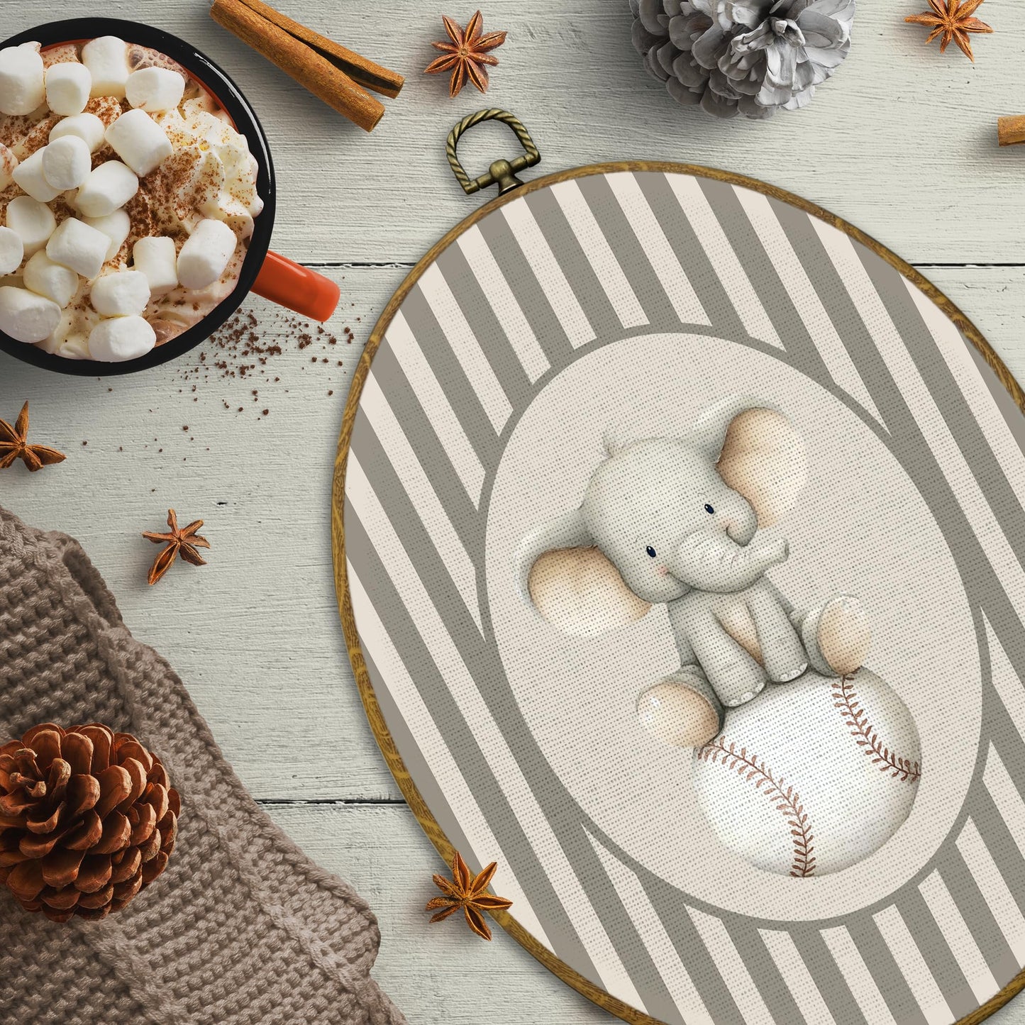 CUANFDDSF Elephant Baseball Nursery Oval Wall Art Decor, Sports Wall Hanging Decor, Neutral Striped Baseball Wild Animal Framed Canvas Prints for Kids Boy Nursery Room Bedroom Playroom, 8.6x11.4 Inch
