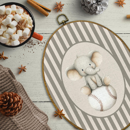CUANFDDSF Elephant Baseball Nursery Oval Wall Art Decor, Sports Wall Hanging Decor, Neutral Striped Baseball Wild Animal Framed Canvas Prints for Kids Boy Nursery Room Bedroom Playroom, 8.6x11.4 Inch